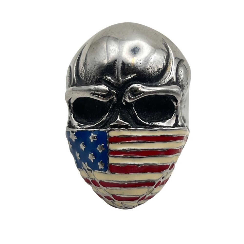 American Flag Skull Mask Stainless Steel Ring Size 10.5 Biker Skeleton Goth USA